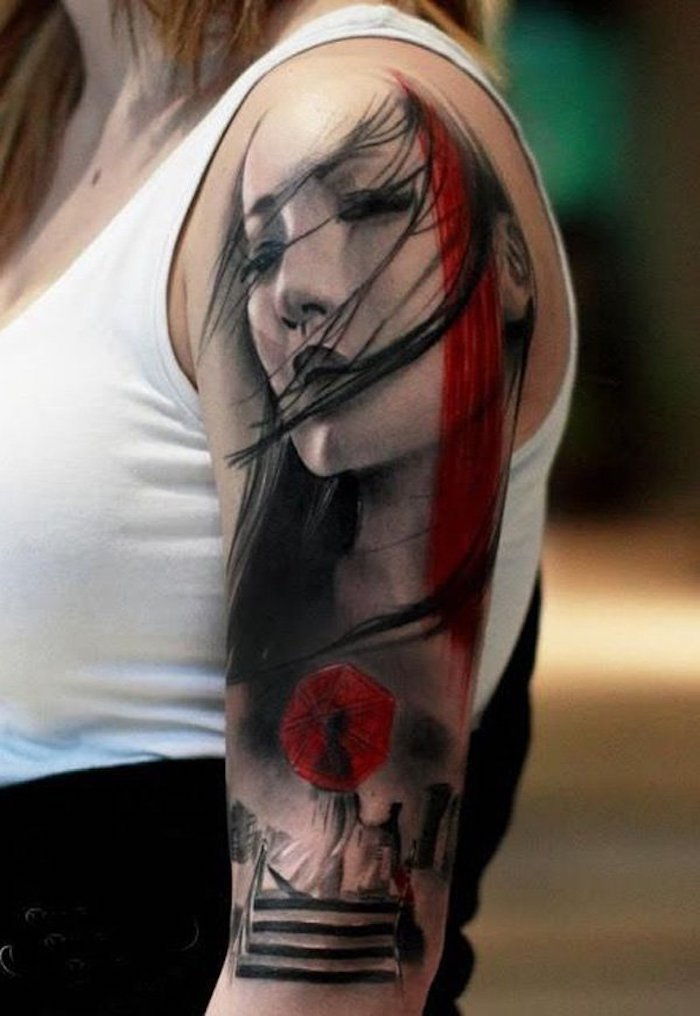 Japonské tetovanie pre ženy, veľké gejša tetovanie na hornú časť ramena