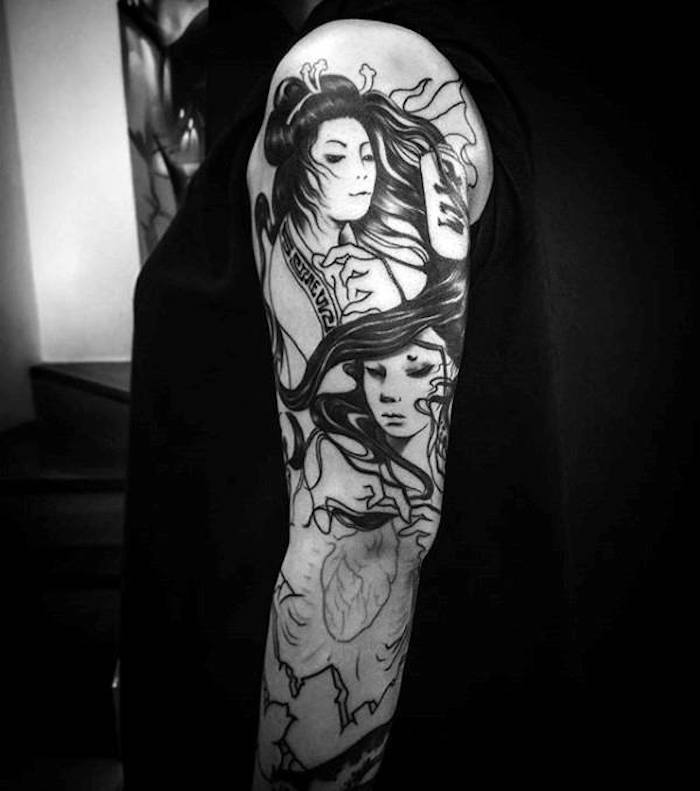 Japonské tetovanie v čiernej a šedej farbe, geisha tetovanie na celej ruke