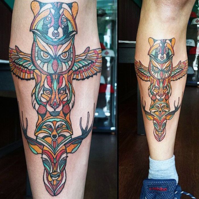 tetovanie motívy mužov, tetovanie s indickými totemmi, líščou, sovu a jeleň