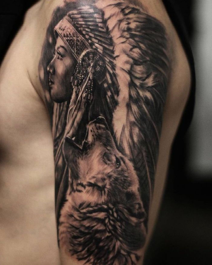 tetovanie motívy mužov, žena s indickou čelenkou v kombinácii s hlavou vlka