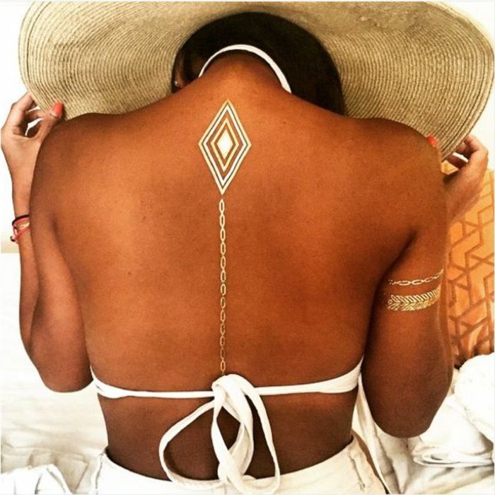 tatuagens mulher decente tatuagem na linha de trás em forma de cadeia branco maiô pulseiras de ouro