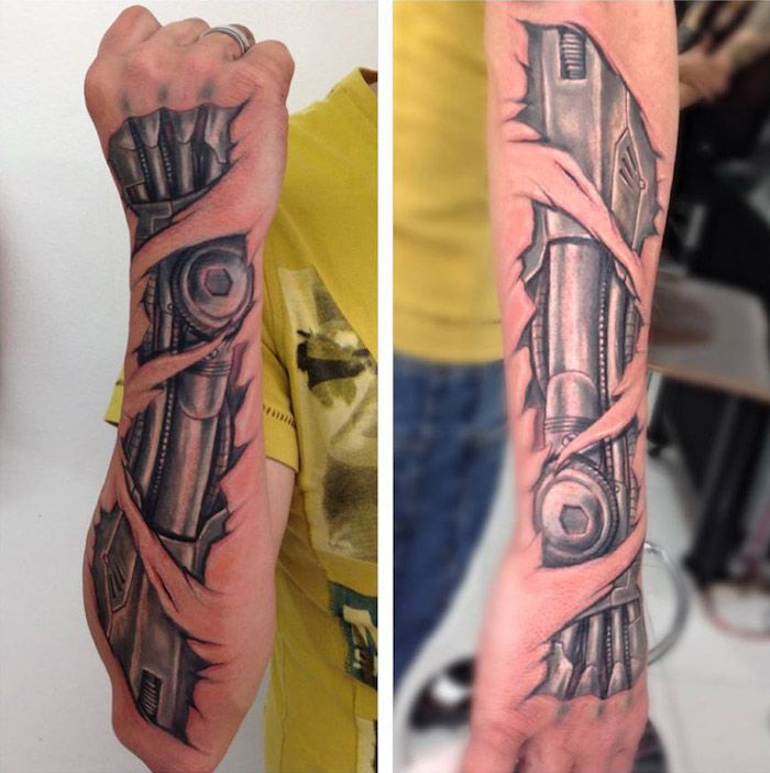 tatuiruotės motyvai vyrams, juoda ir pilka 3D tatuiruotė, kiborgas tatuiruotė