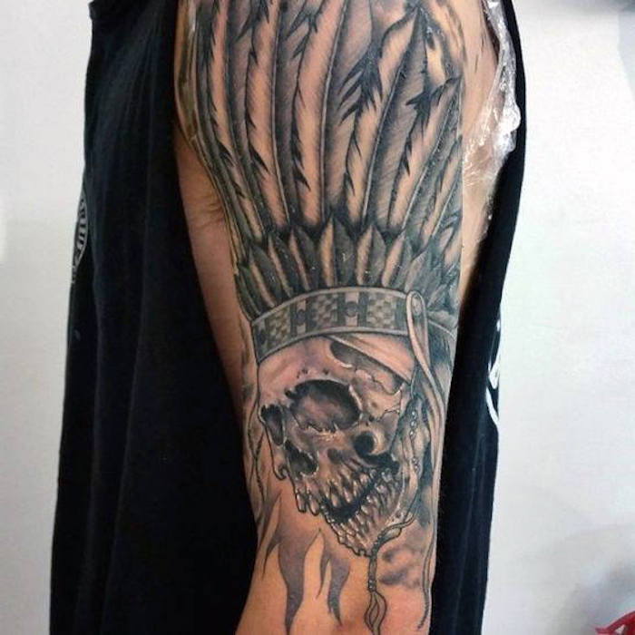 tetovanie motívy mužov, lebka s indickou čelenkou na ruke
