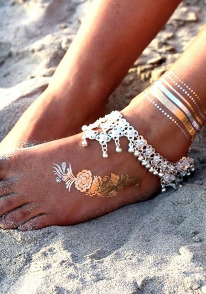 Tatuagem ombro mulher pernas pés com decorações decoram em vez de jóias adesivo dourado
