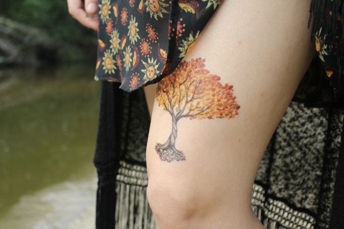 tatuagens extraordinárias na perna idéia colorida para deco temporária no vestido coxa