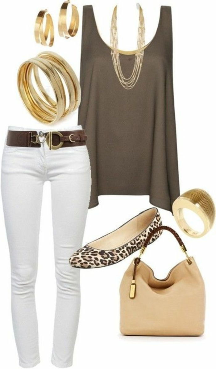 šikovný príležitostný oblečenie kód biele nohavice béžová top leo topánky béžová taška zlaté šperky