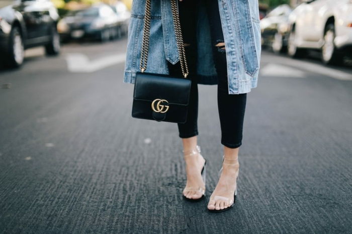 šikovný príležitostný oblečenie kód topánky transperant gucci mini vrecká džínsy kabát čierne nohavice