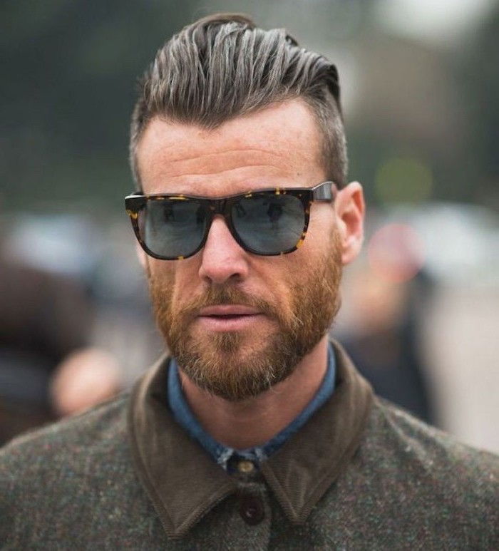 Capelli corti e taglio corto e idee per lo styling della barba per occhiali da sole stile hipster da uomo