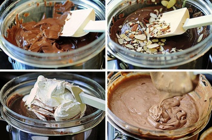 bezlepková koláčová zmes s čokoládou, smotanou a mandľami v miske na miešanie skla