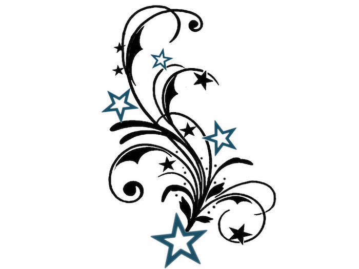 Tatuaggio con un fiore nero con quattro stelle blu, piccole stelle nere - idea per la stella del tatuaggio