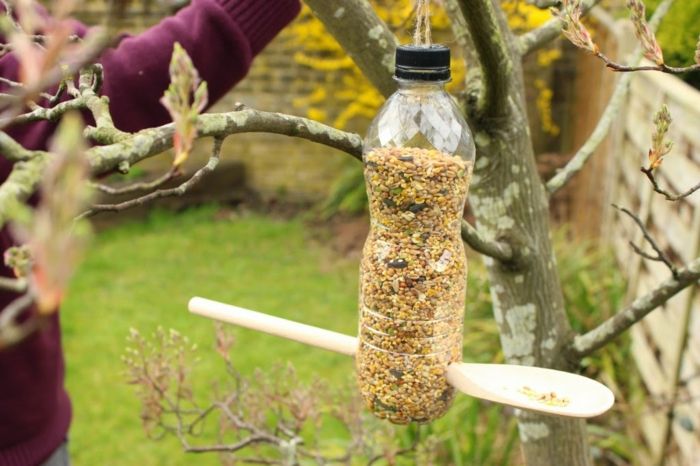 Mangiatoia per uccelli Gli uccelli fatti di bottiglia di plastica e cucchiaio di legno fanno progetti fai-da-te fai-da-te per bambini e adulti