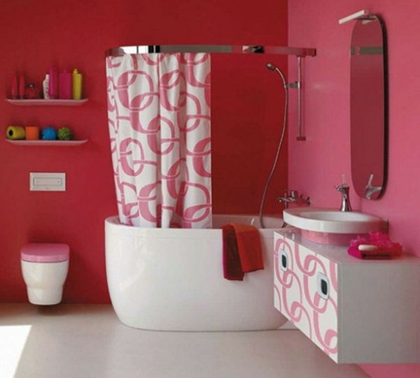 nástěnné farby-ružové-na-kúpeľňové-zaujímavé záclony