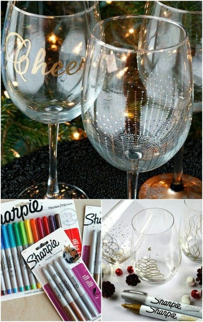sklenené víno bez stopky, farebné ceruzky, marker, vianočný strom, hviezda, diy