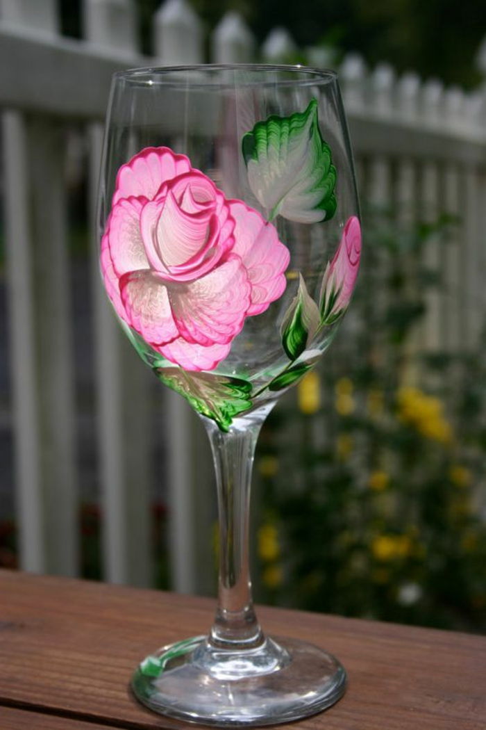 zdobiť sklo s farbou, ružová ruža, listy, kvetina, diy