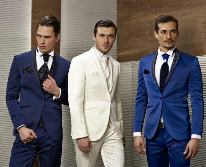 white-shirt-s-fly-tie-tri-elegantné-maenner-modrý oblek biely oblek šedý oblek