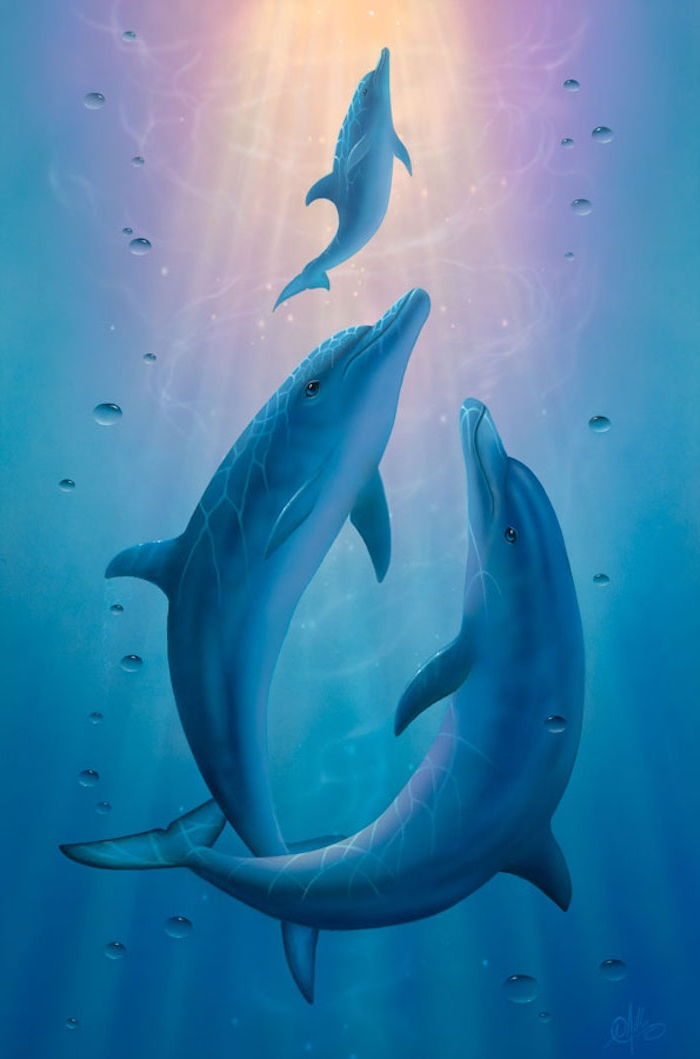Tu vám ukážeme rozprávkový obraz s troma modroplodnými delfínmi, ktorí plávajú spolu v mori s jasnou modrou vodou - pozrite sa na tento magický obrázok
