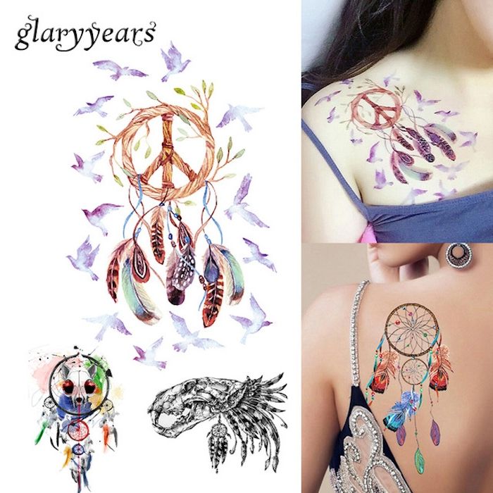 o altă idee pentru un tatuaj pentru femei cu păsări care zboară și un catcher colorat de vis cu pene colorate
