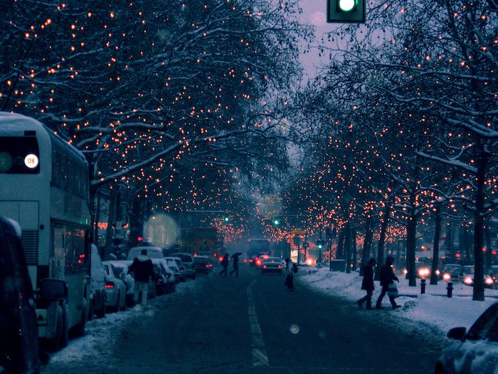 una strada con persone e automobili e alberi con luci - immagini invernali