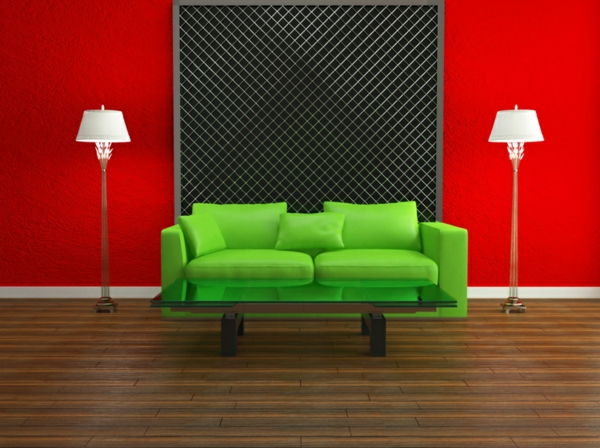 dnevna soba-design-dnevna soba-set-einrichtugsideen-dnevna soba-moderno-stena dizajn-rdeče-stene-zelen kavč
