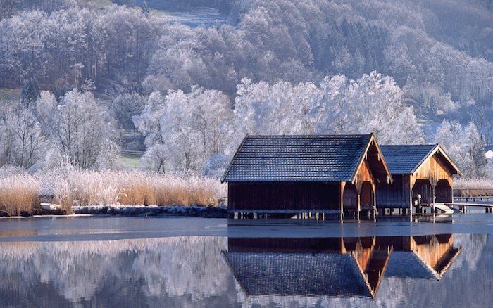 una foresta con molti alberi bianchi - lago e due case di legno - un'immagine romantica d'inverno