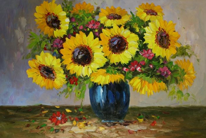 Tapyba tapyba saulėgrąžų mėlyna vaza Natiurmortas vaizdingos spalvingas menas