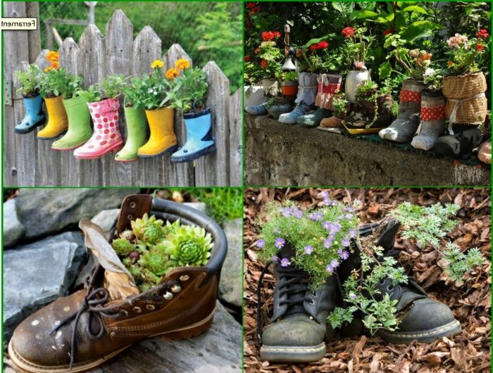 Dekorera din egen balkong med en blomkruka gjord av stövlar och andra skor Dekorera idéer till trädgården Dekorera skor