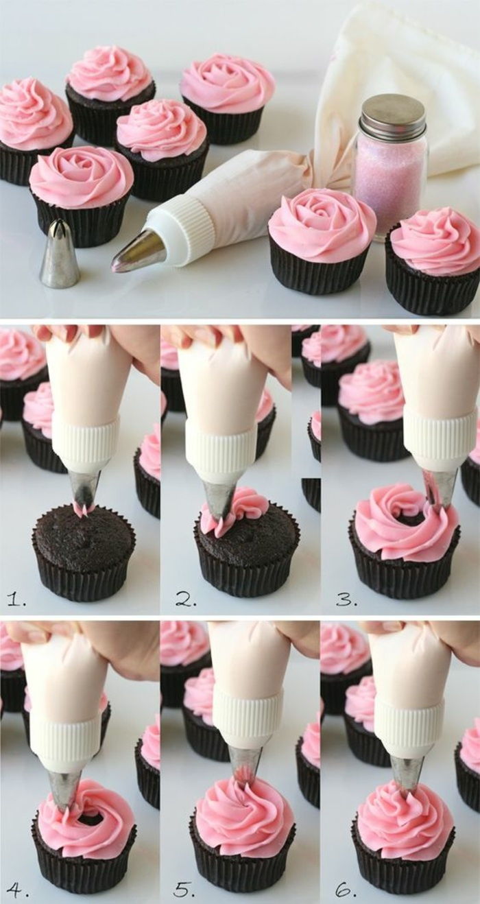 chocolade cupcakes versieren met roze crème