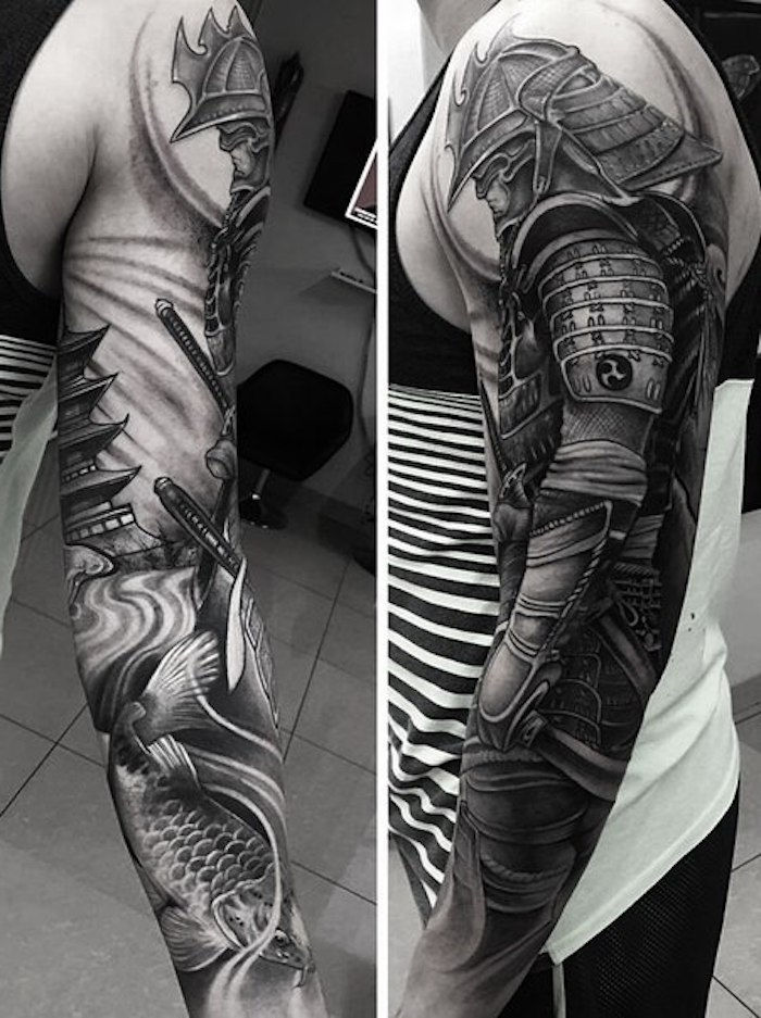 tatuaggio samurai, uomo, casco, manica tatuaggio, manica, tatuaggio