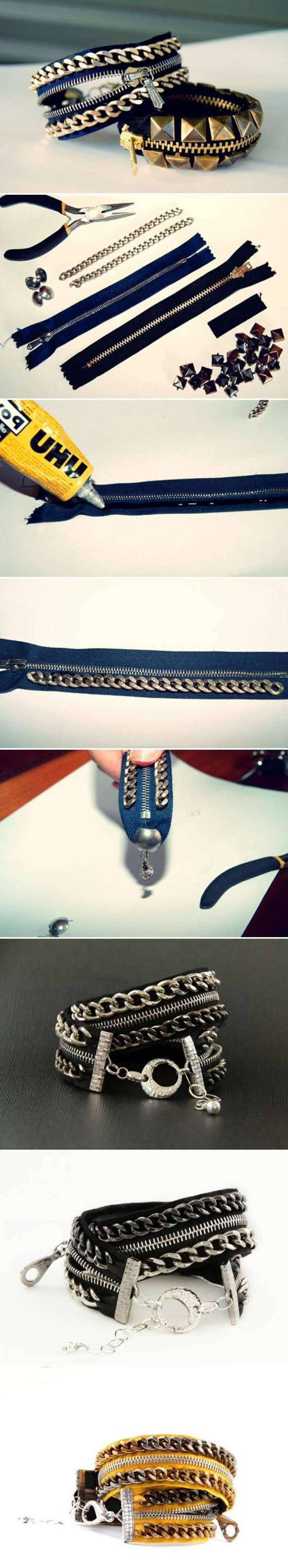 Gjør armbånd selv: glidelås armbånd med kjeder og dekorative nagler