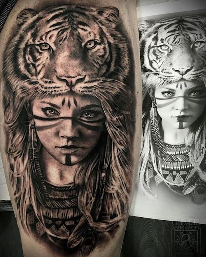 tiger tetovanie, čierna a biela kresba, žena, perie, tiger hlava