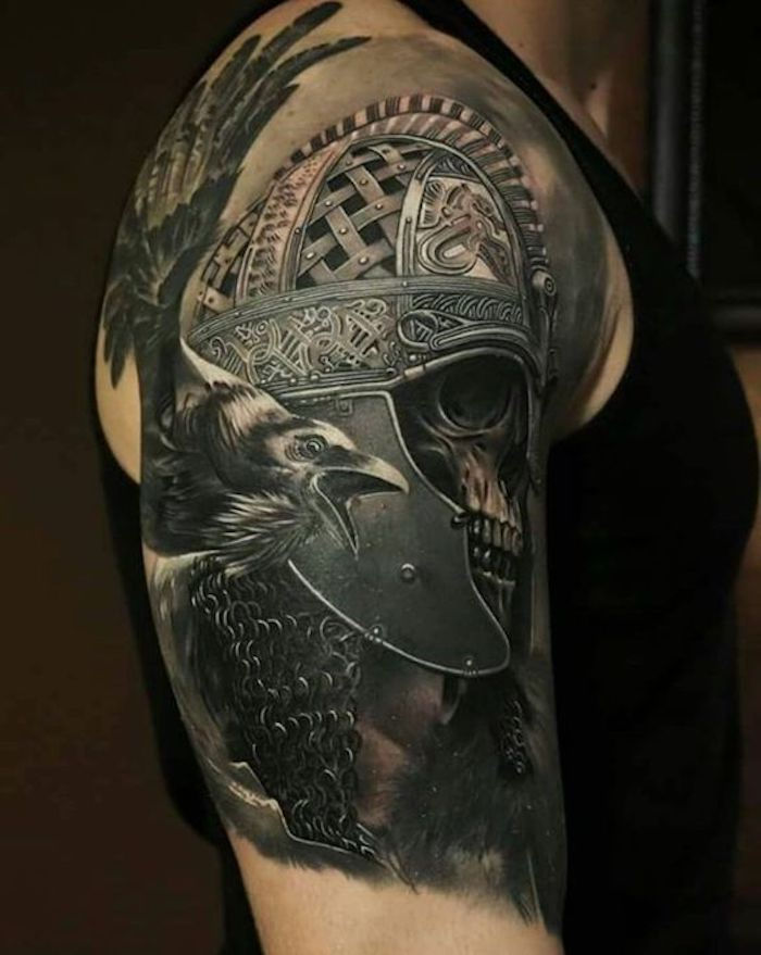 tatuaggi viking, uccello, teschio, elmo, tatuaggio del braccio