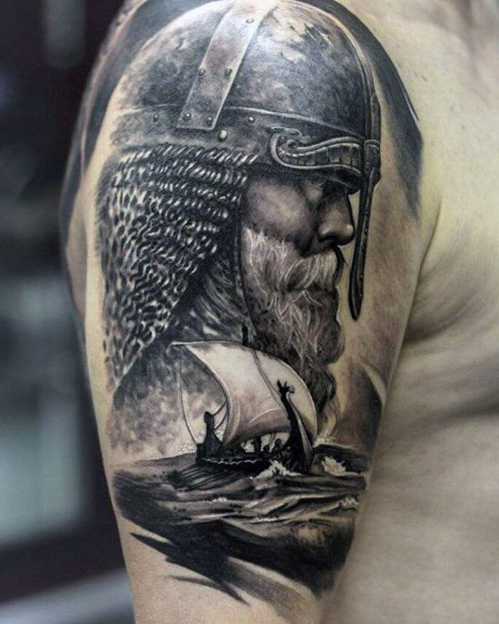 tatuaggio vichingo, testa, combattente, viking, casco, nave