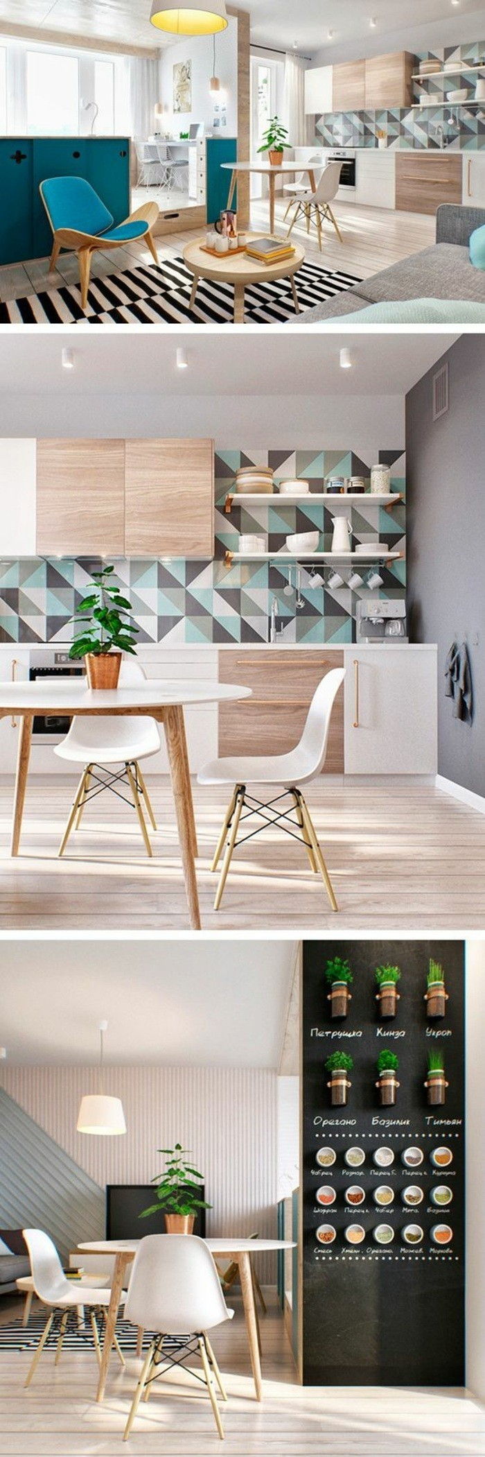 10-kuchyne-zdobenie-table-stoličky-wanddeko koberec a bylina lampa-rastlina-čiernou stenou