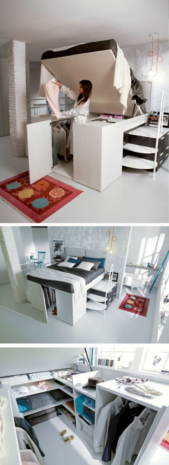 10-kvadrat-roms satt opp seng-med-innebygd garderobe-trapp-mønster teppe-hvitt-gulv