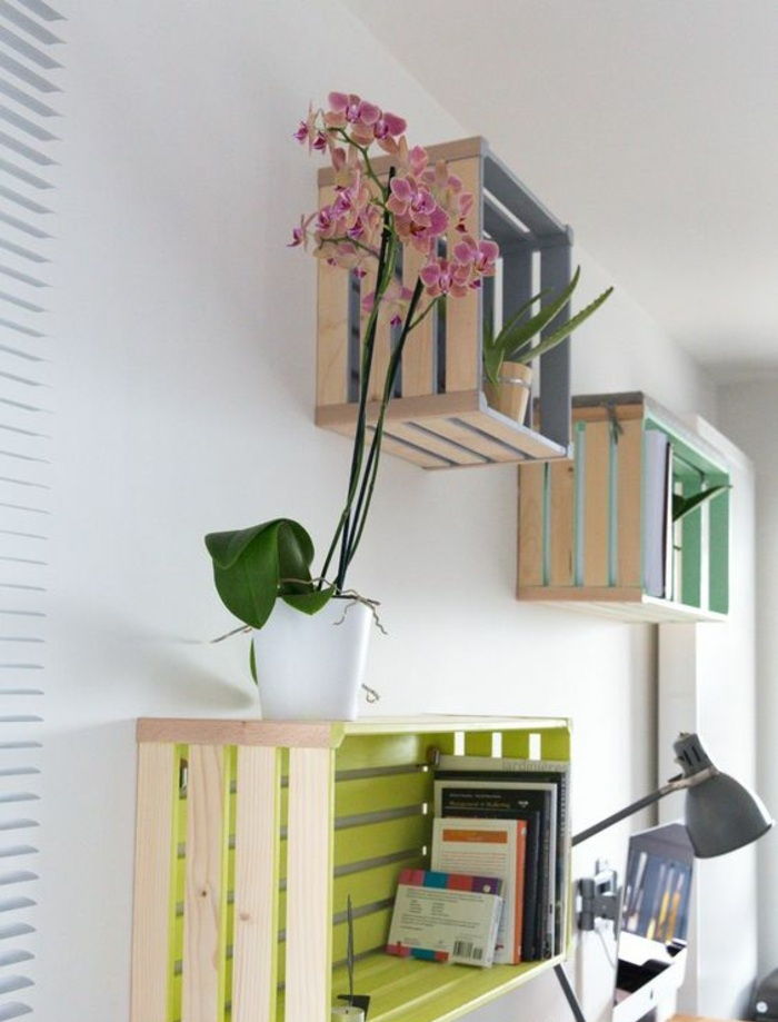 14-parede de prateleira de madeira tipo caixa vinho-em-colorido de cor-planta-do-chão da lâmpada-livros-Arbeitszimmer