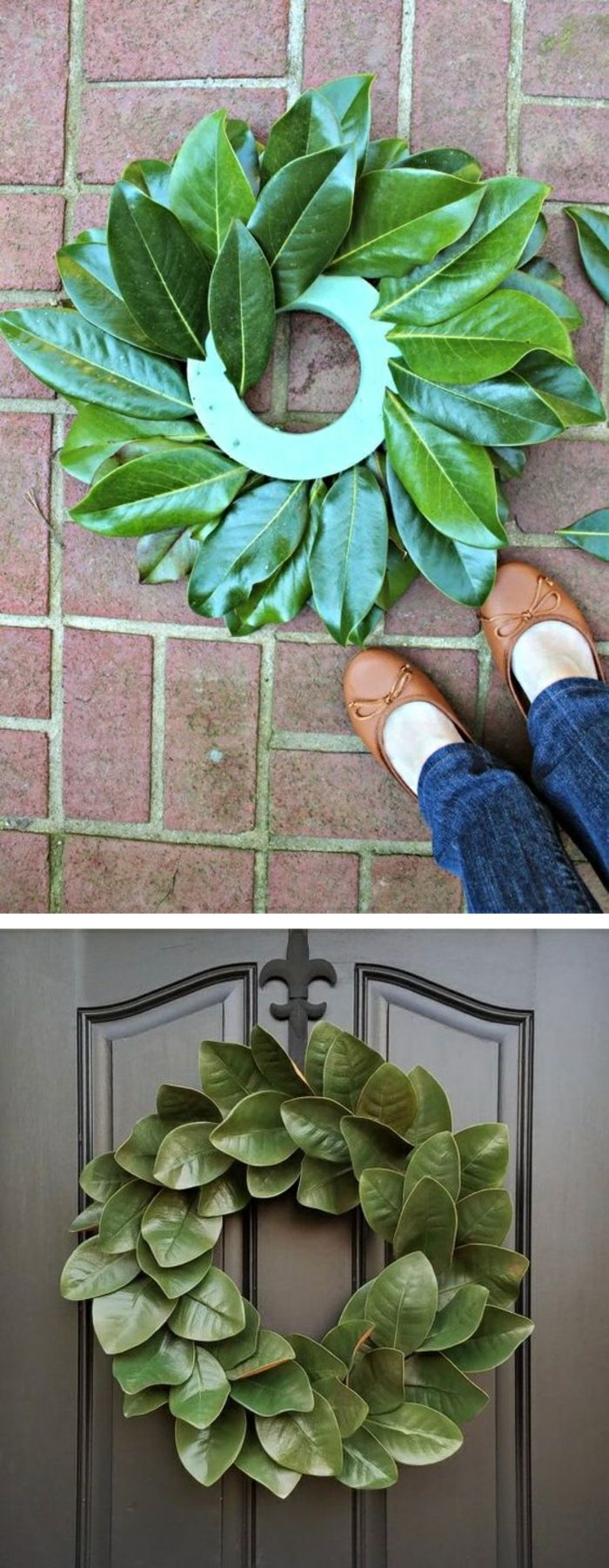 zrobić z liśćmi, zrobić same drzwi, zielone liście, dekoracja drzwi