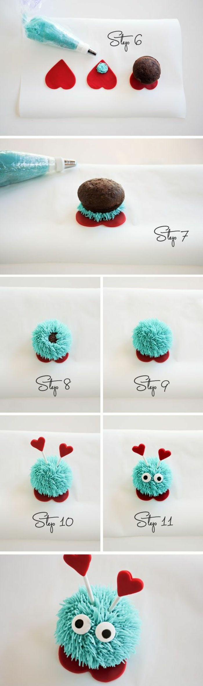 cupcakes versieren met blauwe room en kleine harten