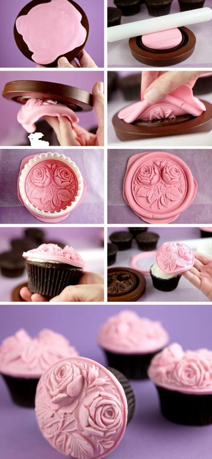 cupcakes versieren met roze fondant, ronde vorm