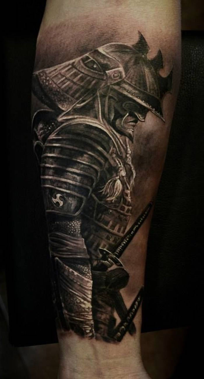 Tatuaggio da combattente, tatuaggio dell'avambraccio, tatuaggio dell'avambraccio in nero e grigio