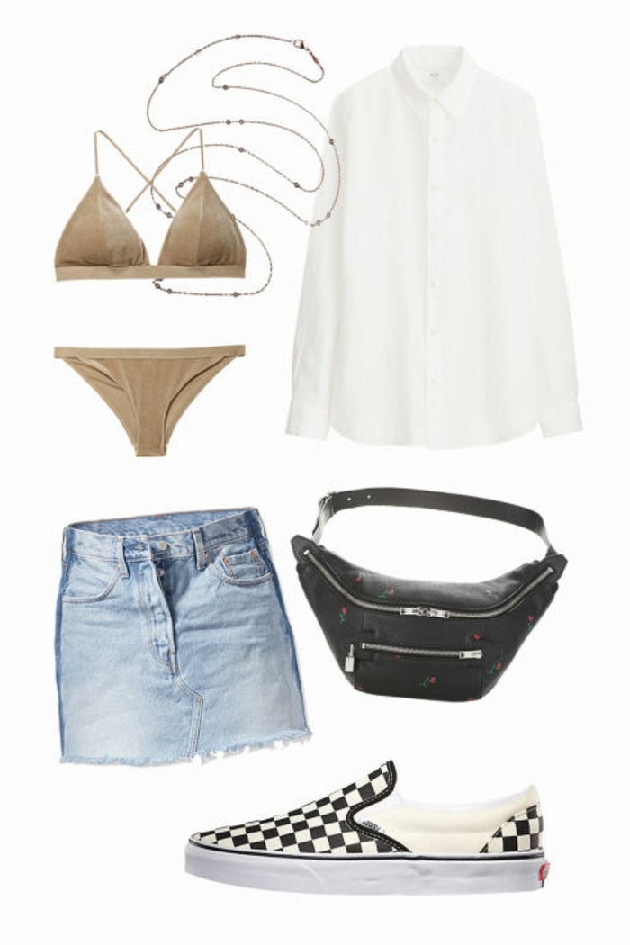 Paplūdimio apranga moterims, balta šilko marškinėliai, aksominis bikinis, juodas juosmens maišas, džinsinio sijonas, pilvo tinklas