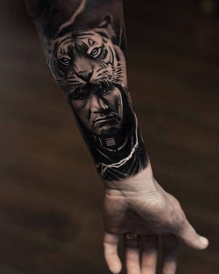 tatuagem de tigre, braço, homem, cabeça de tigre, tatuagem de braço