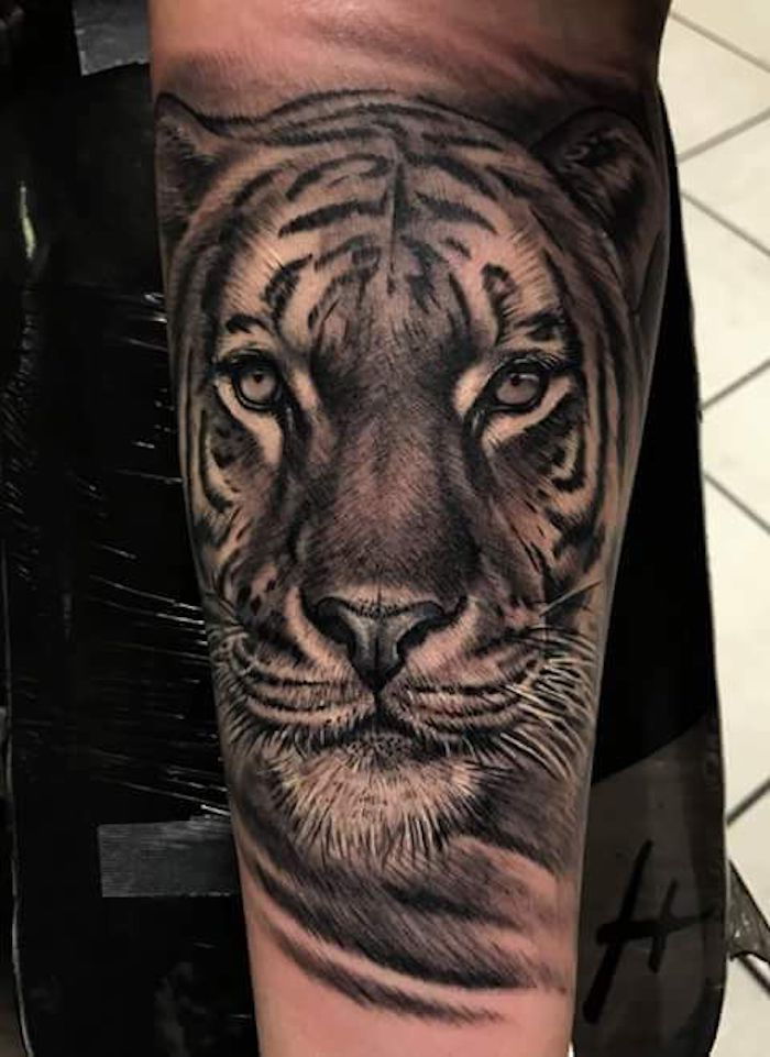 tiger tetovanie, noha, beintattoo, tetovanie v čiernej a bielej