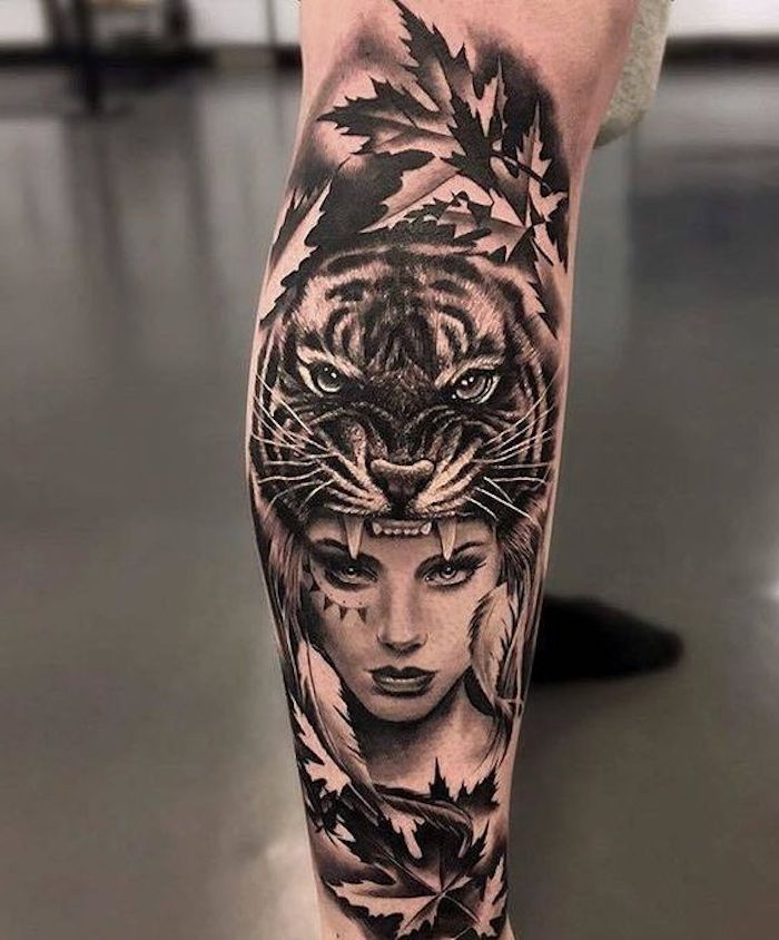tiger tetovanie, žena, tiger hlava, listy, tetovanie