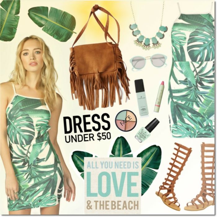 Paplūdimio moteriškos moterys, suknelė su žaliais lapais, romantiška ruda sėdynė, moterų veliūrinis krepšys