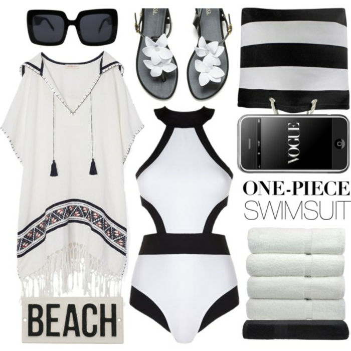 Paplūdimio mados ponios, balta tunika su puokštėmis ir gaubtu, maudymosi kostiumėlio vientisas gabalas, maišelis su baltomis juostomis