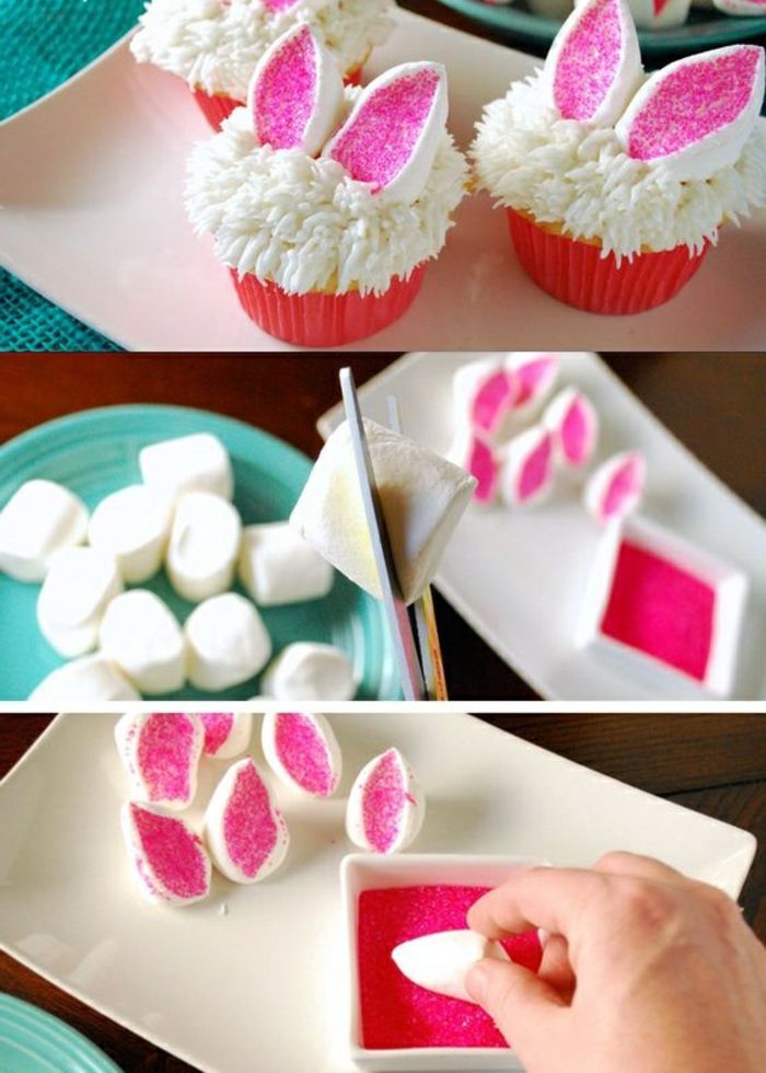 cupcakes versieren met witte room en kleine konijnenoren