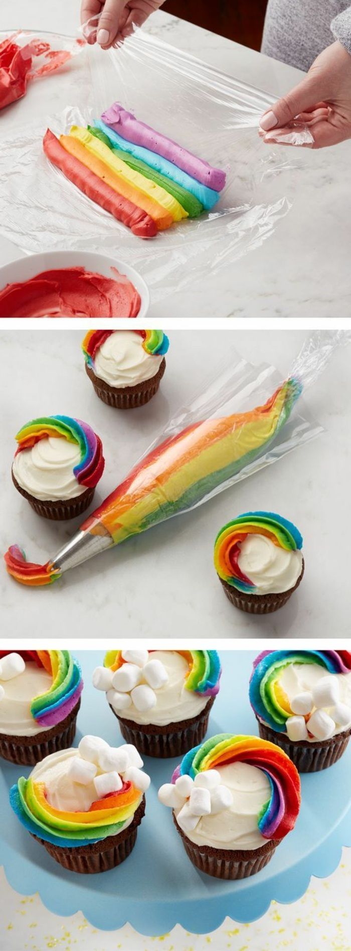 cupcakes versieren met room in de kleuren van de regenboog
