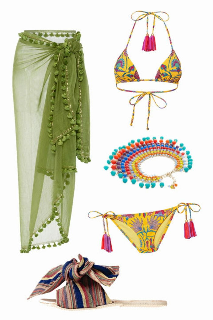 2017 m. Paplūdimio apranga, žalia pareo su žiedais, geltona bikini su gėlių motyvais, spalvinga perlų karoliai, atviri audinių batai