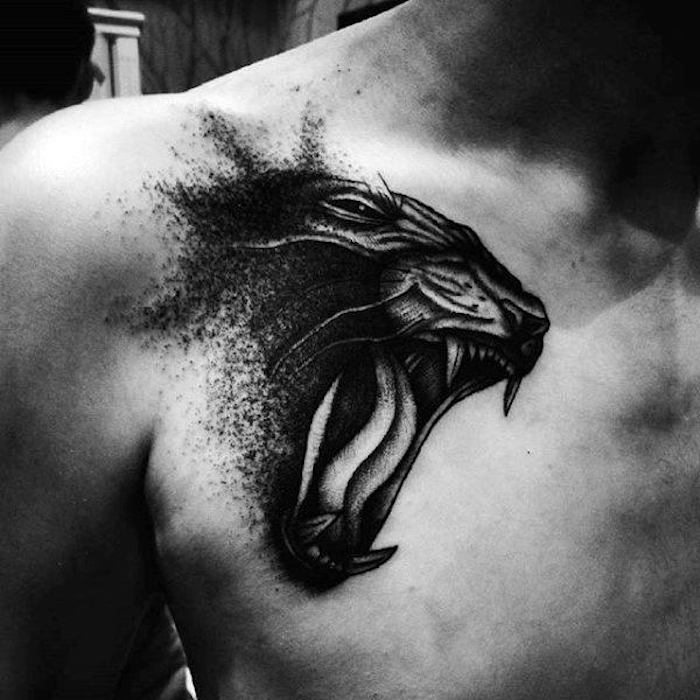 tatuagem de tigre, homem, tatuagem de mama, cabeça de tigre em preto e branco