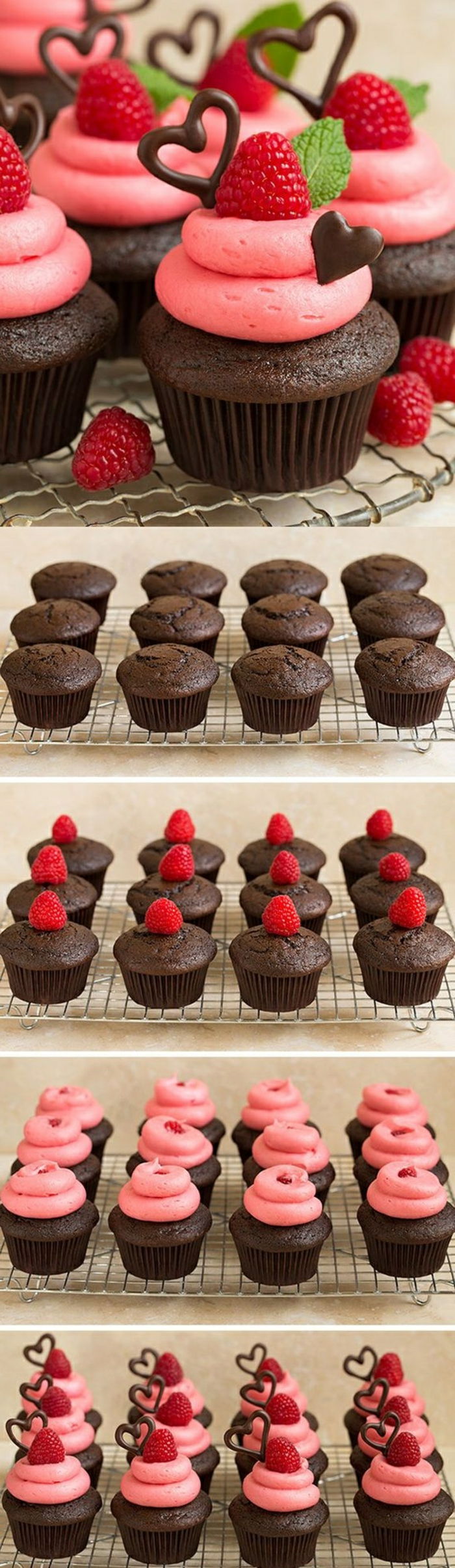 Cupcakes versierd met aardbeien, pepermunt en chocoladeharten